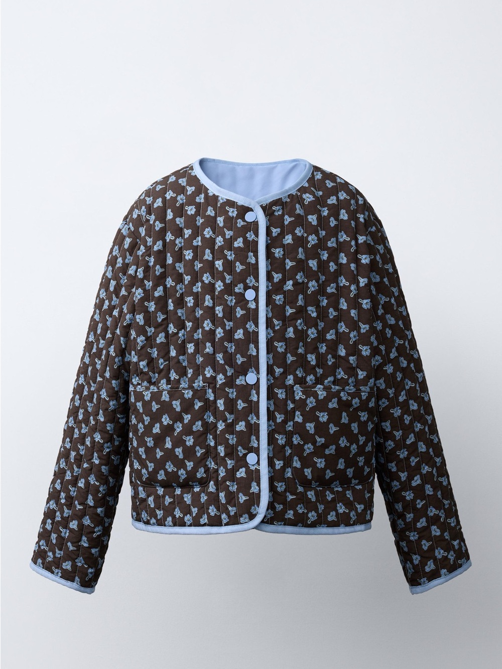 ZARA Girls Reversible Quilted Jacket Blue Floral Brown Snap Coat Size 9-10 NWT